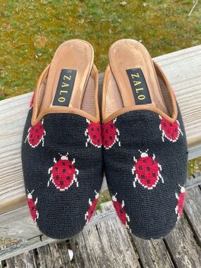 Zalo Black & Red Ladybug Knit Slip-On Mules novelty print